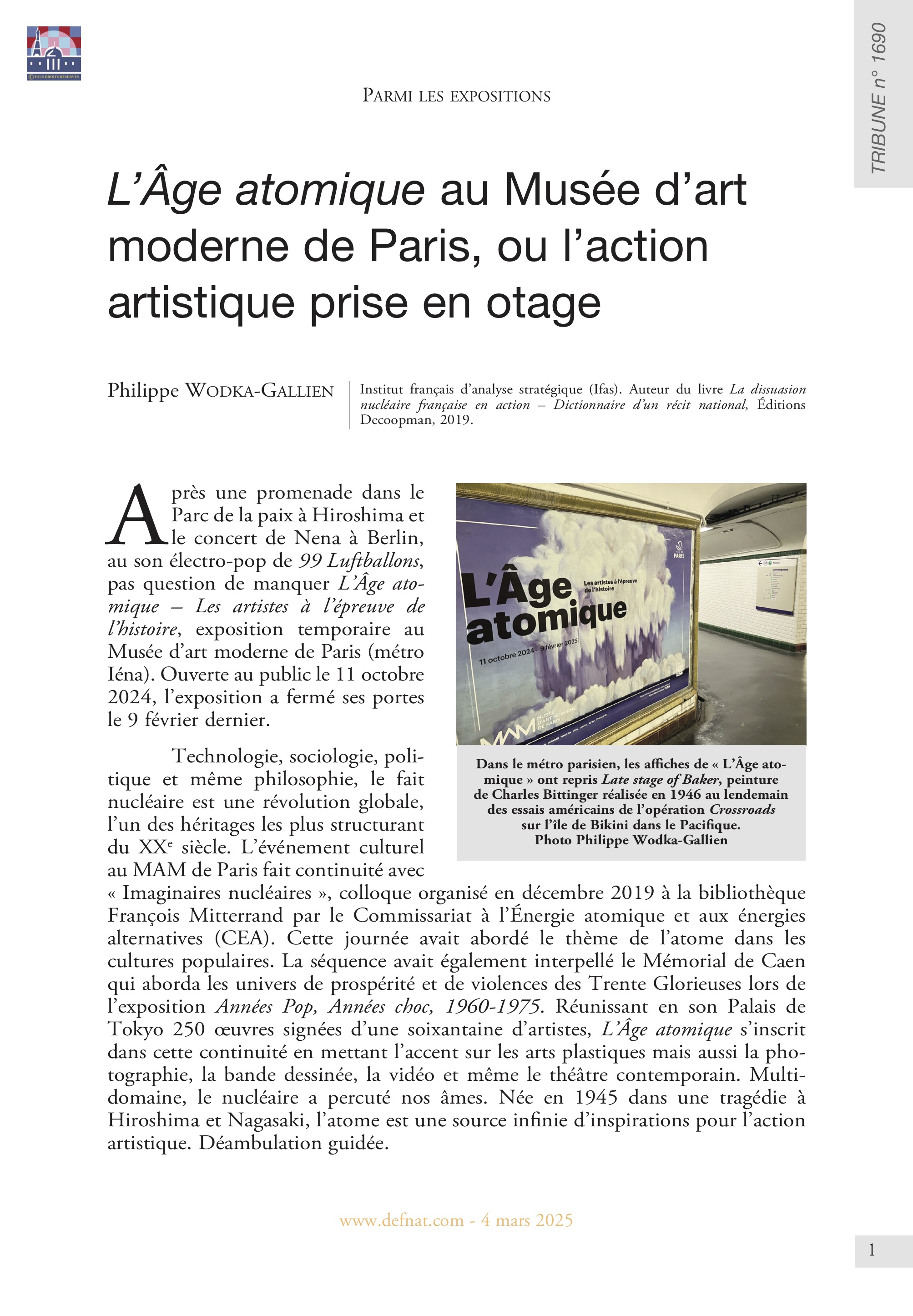 Parmi les expositions – L’Âge atomique au Musée d’art moderne de Paris, ou l’action artistique prise en otage (T 1690)
